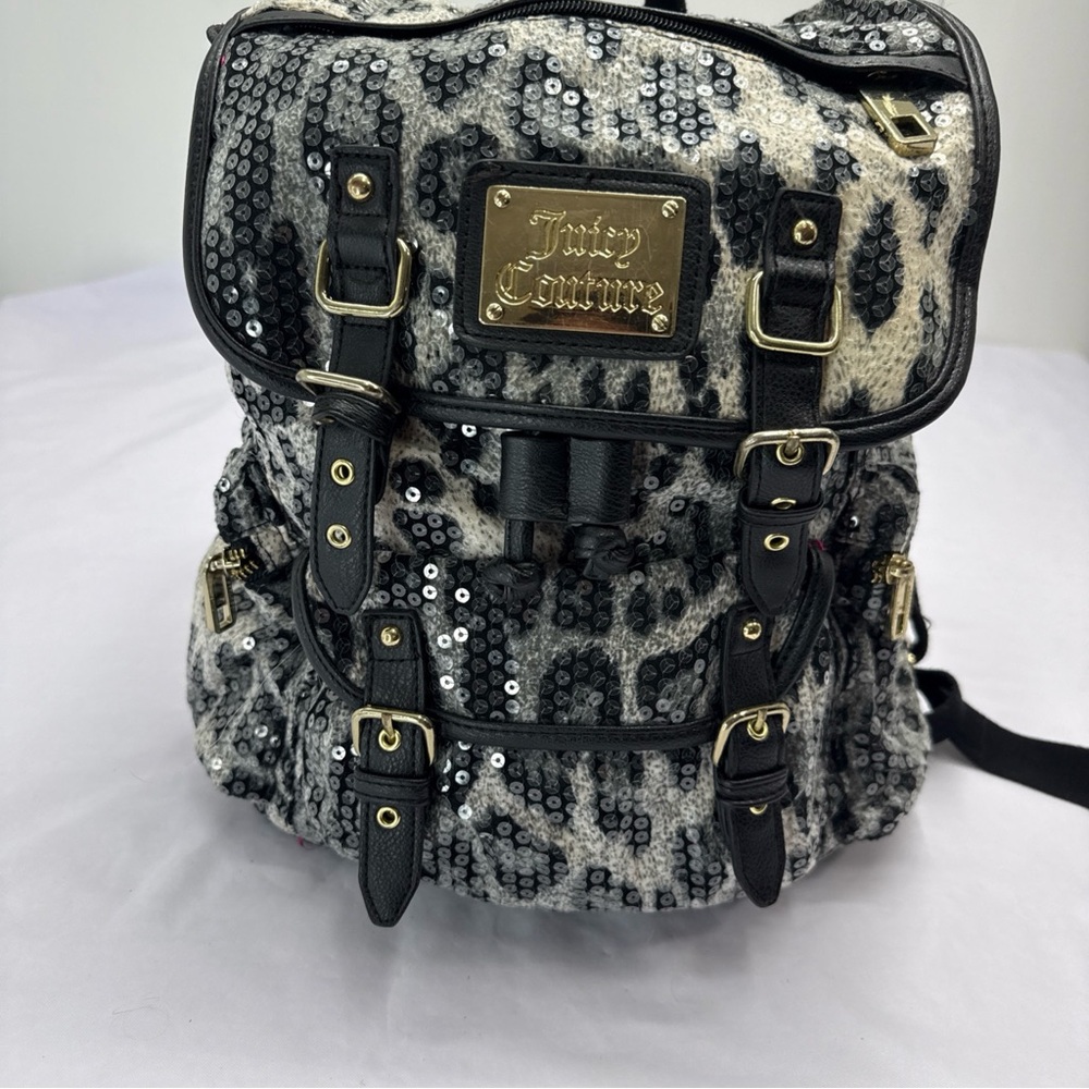 Juicy Couture Y2K Leopard Print Drawstring Backpack Gold Pink Lining Shimmer